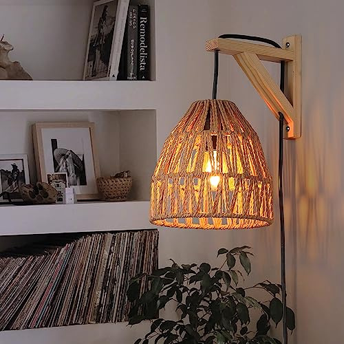 Vintage Rattan Plug in Wall Lamps with Wooden Rack Wall Mounted for Living Room, Wicker Handmade Design Bedside Wall Sconce with E27 Socket Farmhouse Industrial Bamboo Light Fixture