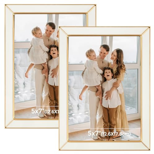 Frametory 2 Pack 5x7 White Enamel Picture Frame, Gold Metal Edge