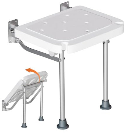 VISLONE Sgabello da doccia pieghevole a parete, sedile doccia alto 42 cm, con piedini antiscivolo, foro di drenaggio, fessura per soffione doccia,adatto per anziani e disabili