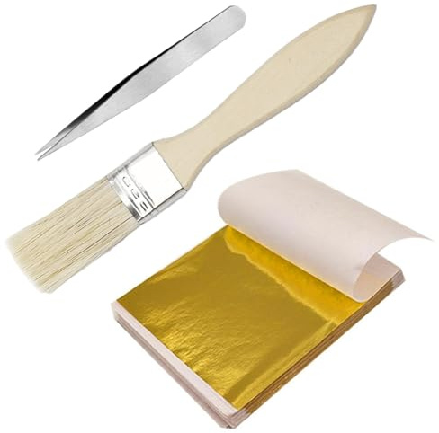 100 Sheets Gold Leaf, Imitation Gold Leaf Sheets Gold Leaf Kit with Brush Tweezer for Cakes Drinks Beauty Routine Makeup Health Spa Art Craft Work Decoration (8.5cm*8.5cm)