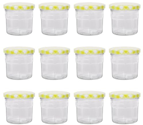Argon Tableware Glass Jam Jars with Airtight Yellow Gingham Lids - 130ml - Pack of 12 - Empty Screw Top Kitchen Storage Jar for Food, Honey, Spice, Pickling, Preserving, Candle Making
