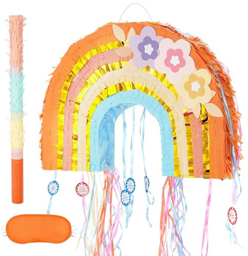 WERNNSAI Pinata arc-en-ciel bohème avec bandeau pour les yeux et bâton pour décoration de fête d'anniversaire pour filles, jeu de fête prénatale, anniversaire d'enfant