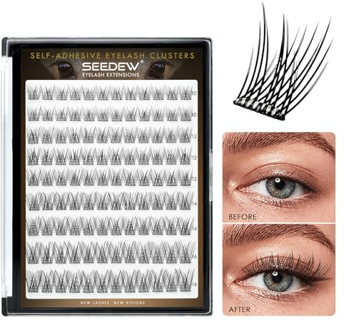 SEEDEW Faux Cils Individuel, DIY 108 Pièces Extensions de Cils à la Maison, Pas Besoin de Colle, Adapté Débutants, Doux Cils Auto-Adhésifs pour Quotidien Rencontres Fêtes(Naturel-MIX10-16mm-Noir)