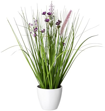 CREATIV green künstlicher Blüten-Gras-Mix im Topf 41cm I künstliches Dekogras mit lila Blüten als Frühlingsdeko I Ziergras Osterdeko I hochwertige & dekorative Kunstgräser