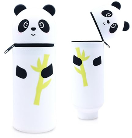 Sykerout Silikon Federmäppchen mit Tierdesign - Süßes 2-in-1 Schulmäppchen aus weichem Silikon | Federmappe & Stiftehalter | Schlampermäppchen für Schule, Büro (Panda hält Bambus)