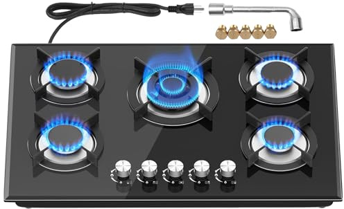 Alemania 30 Inch 5 Burner Gas Range, Built-in Kitchen Gas Cooktop with NG/LPG Convertible Design, Wide Glass Surface and Heavy-Duty Cast Iron Grates