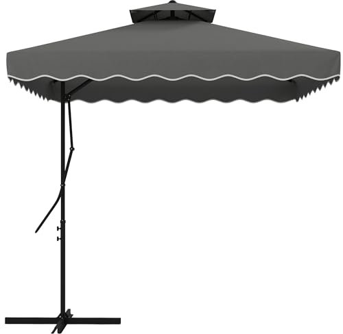 Outsunny Ombrellone Decentrato 2.5x2.5 m con Apertura a Manovella, Base a Croce e Balze, Ombrellone da Giardino con Doppio Tetto in Metallo e Poliestere 160 g/㎡, Protezione UV, Grigio Scuro