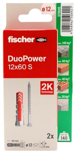 fischer - Duopower 12x60 con vite - 2U, tasselli da parete multimateriale, servono per appendere biciclette, quadri, armadi, supporti TV, scaffali, mobili.