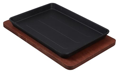 Holibanna Plato Cuadrado Para Bistec Hierro Fundido 23,2x17,5 Cm, Sartén Para Fajitas Resistente, Base De Madera, Para Cocinar Casa y Reuniones Familiares