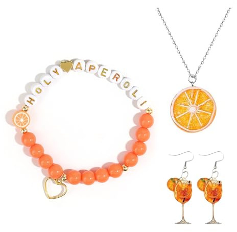 LandReCol 3-Teiliges Set mit Aperol Geschenk, Aperol Ohrringen, Aperol Accessoires für Themenpartys, Inklusive Handschmeichler, Halskette und Ohrringe