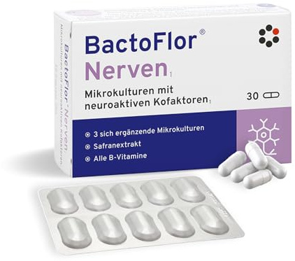 BactoFlor® Nerven - Probiotika für die Darm Hirn Achse (30 Kapseln) - 3 Stämme von Darmbakterien unter mit Vitamin B Komplex & Biotin & Safran - trägt zur normalen Funktion des Nervensystems bei