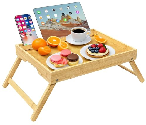 CUXFLS Bamboo Bed Tray Table with Folding Legs Media Slot and Phone Holders - Breakfast Tray on Bed Sofa, Perfect as Laptop Desk, Snack & Kitchen Serving Platter - Natural
