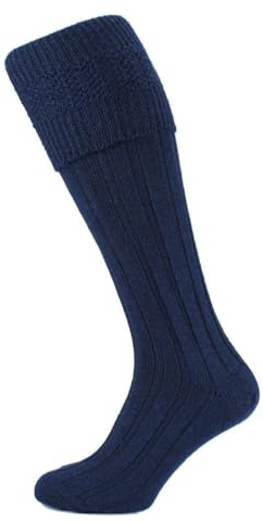 Scottish Wool Blend Kilt Hose Socks, Traditional Highland Wear, Black White Grey Green (UK, Alpha, L, Regular, Regular, Navy Blue)