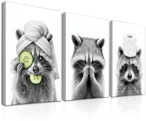 Dazzlewall 3Pcs Gerahmte Lustige Waschbär Badezimmer Wandkunst Poster, Schwarz und Weiß Waschbär Wandkunst Drucke für Badezimmer Wc Waschküche Dekor 12x16 zoll