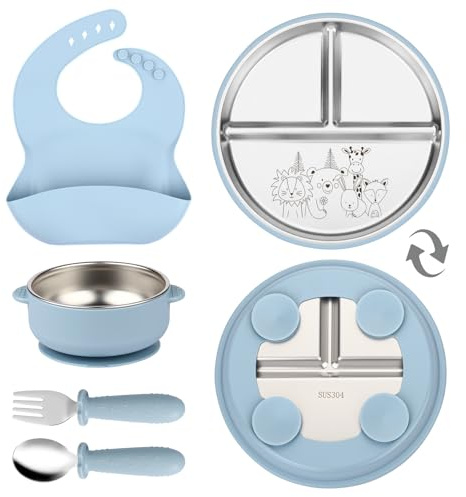 OXYEFEI Edelstahl Teller Baby,Kindergeschirr Set mit Tiermotiven Baby Teller mit Saugnapf Geburtstagsgeschenke für Babys, Taufgeschenke (Blau, Tier 1)