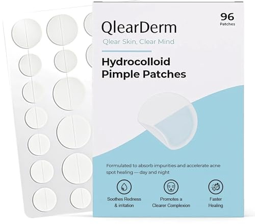 QlearDerm Pimple Patches – 96 Hydrocolloid Acne Spot Patches, 4 Sizes – Invisible Fast-Acting Blemish Cover Stickers, Vegan & Cruelty-Free, Korean Skincare