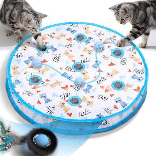 Zeepet Katzenspielzeug für drinnen, interaktives Ballspielzeug mit 7 Löchern, Labyrinthmattenbeutel, automatisches bewegliches Versteckspiel mit Federschwanz, Mäusefangspiel, Geschenke für Katzen