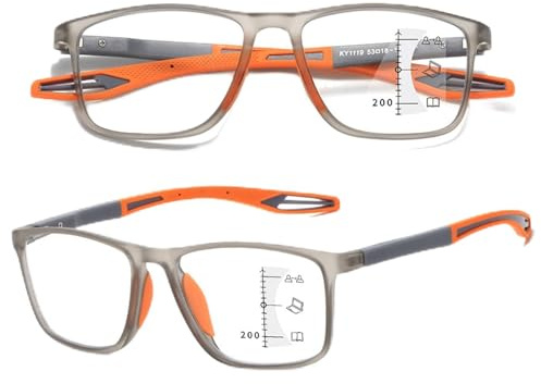 Selbsttönende Gleitsicht Lesebrille Gleitsichtbrille Progressive Multifokus Blaulichtfilter Photochrome Herren Damen TR90 Federscharnier(Grey/Orange,2.0 x)