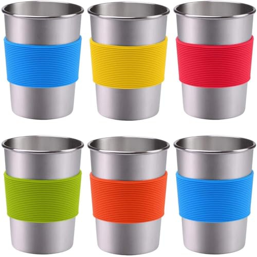 Kaxtde 6 Stück Edelstahlbecher mit Silikonhülle, 240 ml, wiederverwendbar