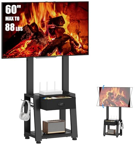 Rolling TV Stand with Storage for 23-60 Inch TVs up to 88 lbs, Height Adjustable Tilt Mobile TV Mount Cart with Drawer & 2 Shelves, Space-Saving Corner Design for Bedroom Living Room, VESA 400x400mm