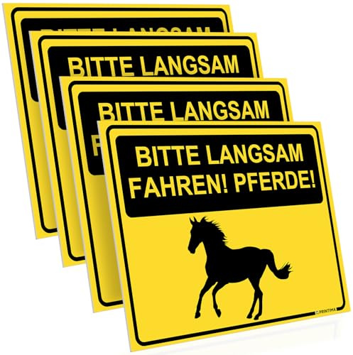 PRINTIMA 4x Schild 40x30 cm Bitte langsam fahren! Pferde! aus PVC inkl. Montagematerial – auffälliges Warnschild für Straße, Hofeinfahrt, Reitstall, Weidebereich, Gestüt & Zufahrten
