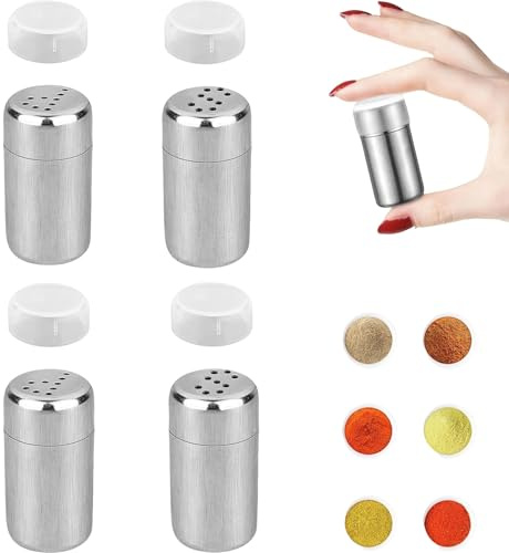 4 Pack Mini Salt & Pepper Shakers for Travel, Stainless Steel Spice Shaker Set with Lids, 5ml Small Spice Containers with P Hole and S Hole Tops, Portable Seasoning Bottles for Camping, Lunch Box, BBQ