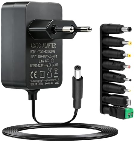 12V 2A Adaptador de Corriente Transformador AC DC con 8 Conectores Fuente Alimentacion Estable Cargador Alimentador 24W para 500mA 1000mA 1500mA 2000mA Tensiómetro LED Cámara CCTV Router Juguete