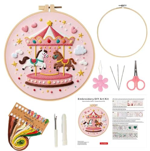 KZARYVEXIS Stickset für Erwachsene Anfänger, DIY Stickerei Kit (Karussell) | Komplettes Starter Set mit Blumen-Landschaft & Karussell, Bastelgeschenk mit Motiv, Ideal für Anfänger, Kreativ & Entspannend