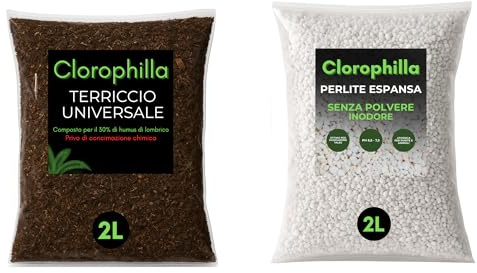Clorophilla Kit Terriccio Universale + Perlite Espansa – 2 SACCHI – Substrato Drenante e Aerato – Per Piante da Interno ed Esterno (2L + 2L)