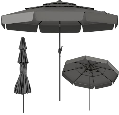 COSTWAY Sonnenschirm 300 cm, 3-stöckiger Gartenschirm mit Kurbel und Volant, beidseitig um 35° knickbar, Terrassenschirm windfest stabil, Marktschirm für Garten, Balkon (Grau)