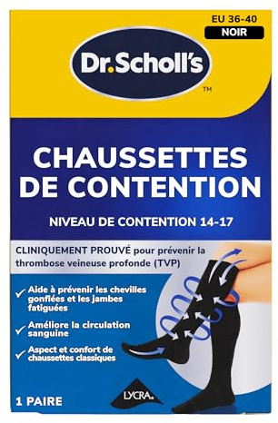Dr. Scholl's Chaussettes de contention: Compression cliniquement prouvée pour l'avion. Prévient le gonflement des chevilles et TVP – Noir – Pointure 36-40, 1 paire