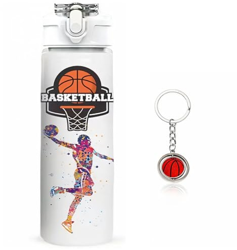 GVMJHYK 750 ml Bouteille Basketball,Gourde de Sport,Gobelet Sportif Sans BPA avec Porte-clés Basketball pour Sport, Randonnéepour Adultes Fans Cadeau Anniversaire École Journée (A)
