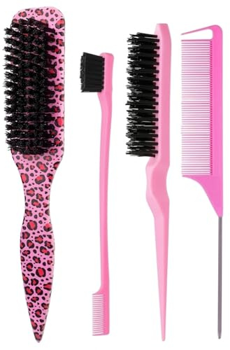 4 Pcs Slick Back Hair Brush, Double Sided Edge Brush Rat Tail Comb Teasing and Plastic Bristle Brush, Slick Back Smoothing Tool, for Home Salon Hairdressers Women Men All Hair Types