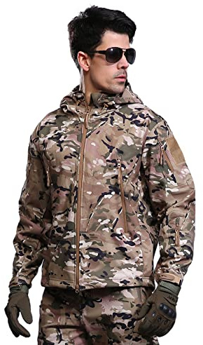 Kelmon Hommes Tactique Vestes Softshell Extérieures Doublure Polaire Chauds Imperméable Vestes Encapuchonné Manteau Camouflage avec Poches Multifonctions