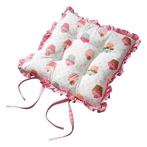 Homescapes Sitzkissen 40x40 cm „Cupcakes“ rosa – Vintage Stuhlkissen mit Rüschen & Bändern, Wende-Design mit Gepunkteter Rückseite, waschbar & Oeko-TEX