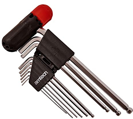Amtech 9pc Extra Long Ball End Hex Key Set, Chrome Vanadium Steel with T-Handle & Storage Holder for Tight-Space & High-Leverage Applications