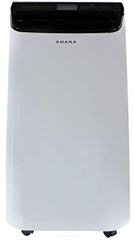 Amana 10,000 BTU Portable Air Conditioner for Living Room, Bedroom, Basement, Kitchen, 115V, Cools up to 350 Sq.Ft. with Remote, 24H Timer, 3-Speed, LCD Display, Auto-Restart, Wheels, White/Black