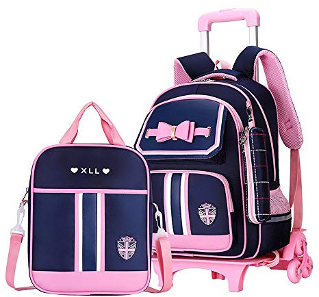 Rolling Backpack for Girls Cute Trolley Bags Primary School Bookbags with Wheels Kids Carry-On Wheeled Backpack with Lunch Bag