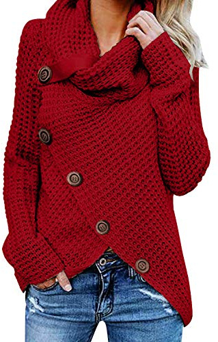 Tuopuda Maglione Donna Felpa Ragazza Asimmetrica Sweatshirt Collo Alto Pullover Elegante Casual Tops Maniche Lunghe Maglione Autunnale Invernale Primavera con Bottoni Natale, Rosso, L