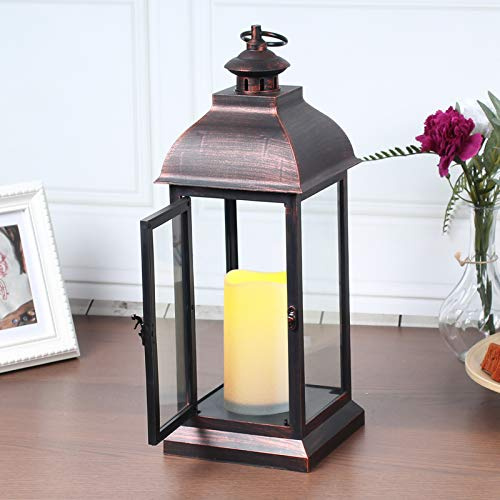 yucanucax Decorative Lantern with flameless LED Candle Light, Outdoor/Indoor LED Lantern, The Door-Open H16 Decorative Lantern,Timer Candle，Plastic with Bronze Undertones.USE 2C Battery(not Include)