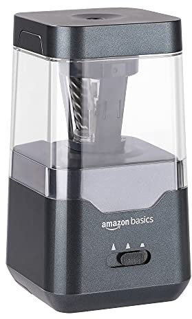 Amazon Basics Tragbarer elektrischer Bleistiftspitzer, spiralförmige Klinge, automatischer Stopp, batterie-/USB-betrieben, Schwarz, 7.1 x 7.1 x 13.46 cm