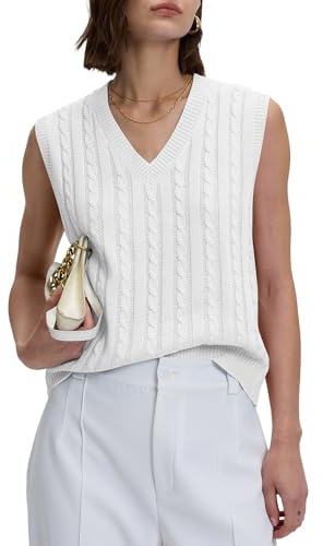 Locachy Women's Vintage Loose V Neck Sleeveless Cable Knit Preppy Style Pullover Sweater Vest White -XL
