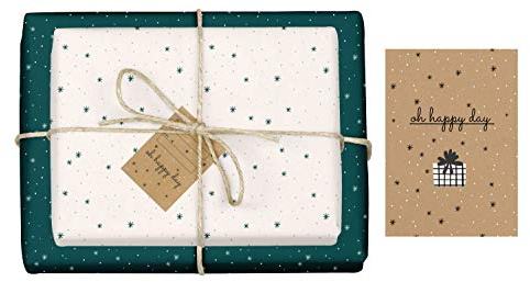dabelino® Geschenkpapier Set Sterne (petrol-grünblau/cremefarben): 4x Bögen, 4x Anhänger + 1x Karte (Öko Recycling-Papier, nachhaltig, Weihnachten, Geburtstag, zur Geburt, für jeden Anlass)