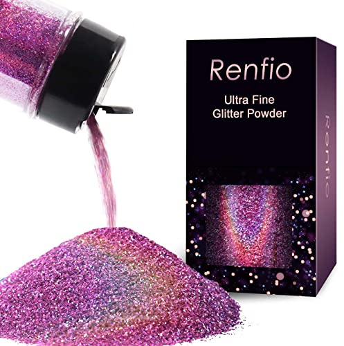 Renfio Holografiskt ultrafin glitterpulver, metallisk harts, glitter, 60 g (60 g) PET-flingor hantverk paljetter 0,2 mm 0,2 mm epoxy-chip flingor för tumlare slime – laserrosa