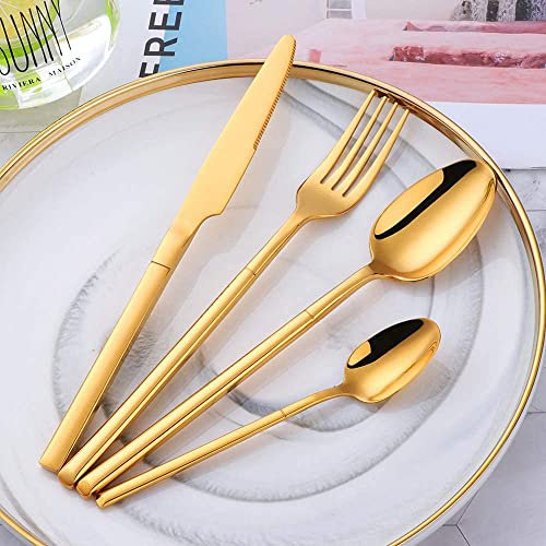 YDware Gold Besteck set 4 Stück Edelstahl Gabeln Löffel Teelöffel Steakmesser für 1 Personen Cutlery Set für Haus Küche Restaurant