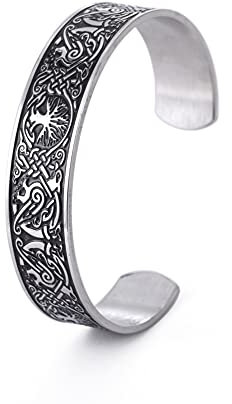 Dreamtimes Wikinger Baum des Lebens Armreif Rabe Talisman Armband Edelstahl Wikinger Keltischer Knoten Armband für Männer Frauen (Vintage-Silber)