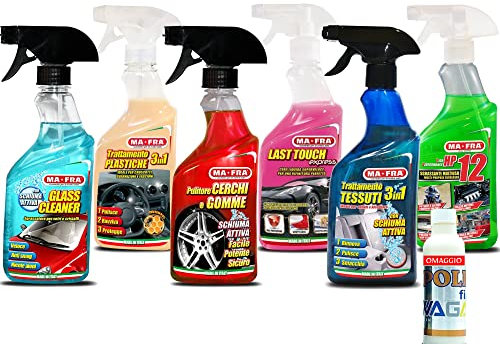 Ma Fra Kit Cura Auto - Glass Cleaner, Pulitore Cerchi Gomme, Sgrassante HP12, Cera Last Touch, Trattamento Tessuti e Plastiche 3in1-Incluso Finish Polish Professionale 125ml WagaPaint Extra Brillante