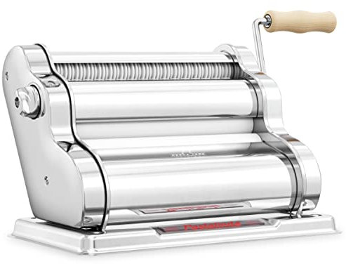 PASTALINDA Classica 260, macchina per la pasta sfogliatrice manuale, 9 posizioni di spessore, 2 tagli, tagliolini e tagliatelle, corpo in acciaio inox, ingranaggi in metallo - Versione cromata