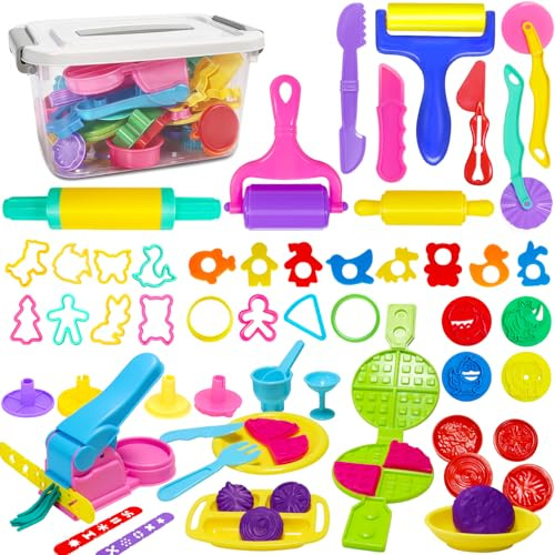 Jiosdo Dough Tools and Cutters, 53 Pcs Dough Tools Sets for Kids Toddlers, Plastic Accessories Clay Extruders Rollers Molds with Storage Box, Creation Educational Toy Gift Set