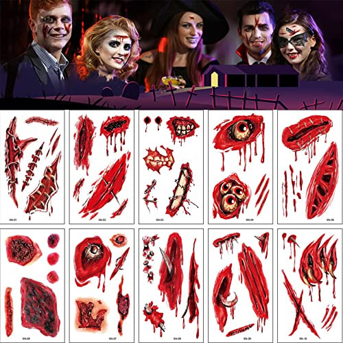 20 Blätter Halloween Temporäre Tattoos,Halloween Aufkleber Gesicht Frauen Männer,Narben Tattoo Spinnen Wunden Fake Mund Gefälschten Schorf Blut Realistische Tätowierung Für Halloween Party Zubehör